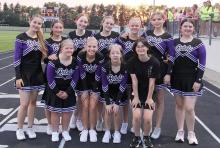 Football Cheerleaders (L to R): Front - Alaina Biegler, Kenadie Hodgson, Carmen Brown, Deanna Crowley. Back - Eloise Steiner, Summer Moon, Laney Kathman, Peyton Bose, Kyra Baumgartner, Antonina Godlewska, Ava Kirchner.