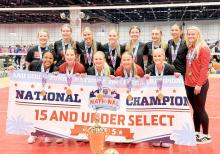 Pictured are team members and coaches: Back Row L-R: Coach Erica Schmitt, Abby Bones (YME), Bentley Krull (Marshall), Allie Adams (TMB), Sophie Gillund (Minneota), Reese Gilbertson (MCC), Julia Fahl (Marshall) and Coach McKenzie Tolk. Front Row L-R: Chika Nwakama (Marshall), Raegan Glady (Montevideo), Hailee Hilbrands (Marshall), Jayda Namken (Canby) and Alexa Mead (Minneota).