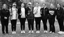 Coach Kim DeLong, Ava Johnson, Theran Mannon, Natalie Einck, Lizzie Daniels, Emma Risacher, Rachael Huso and Royalle Siedschlag.