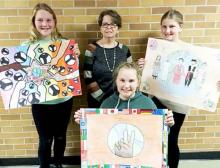 Back (L to R): 2nd place Joelle Hellewell, Hadley Lions President Lisa Saner, 1st place Annie Scandrett, Kneeling 3rd place Charlie Paulzine