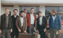 Leo Voss is searching for the identity of one of the soon-to-be soldiers above. If you know the name of the unidentified man, please call the Wheel/Herald office at 507-836-8729. Pictured left to right are Glen Miller, Leo Voss of Fulda, Rick Freitly, Tom Wisdorf, Larry Dagger, Unidentified Man, Leo Voss of Avoca.