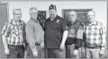 Slayton American Legion Post 64 Commander Brad Pagel accepting $500 donation from Murray Lodge 199 toward the Vietnam Wall and Cost of Freedom displays coming to Slayton during the Murray County Fair Aug 15-20 2023. Left to right Don Gass, Tim Lange, Brad Pagel, Leon Kruse, Warren Hanson.