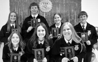 RETIRING OFFICERS (2023-24): Front - Sophia Nelson (Reporter), Lauren Stoel (Treasurer), Callie Platt (Secretary); Back - Jayda Hellewell (President), Landon Beek (Vice President), Kylie Knakmuhs (Sentinel), Owen Moline (Officer-At-Large).