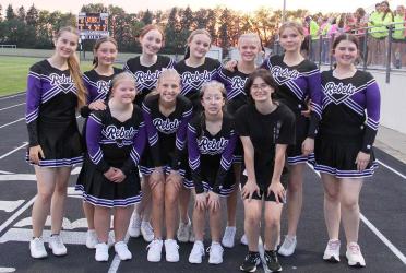 Football Cheerleaders (L to R): Front - Alaina Biegler, Kenadie Hodgson, Carmen Brown, Deanna Crowley. Back - Eloise Steiner, Summer Moon, Laney Kathman, Peyton Bose, Kyra Baumgartner, Antonina Godlewska, Ava Kirchner.