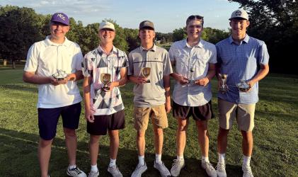 Awards (L to R) - Mr. Clutch- Krew Schneider, Gold Glove Dugan Kluis &amp; Carter Hanson, Cy Young - Dylan Kluis, Mr. Theft (Stolen Bases) &amp; Batting Champion - Teague Meyer