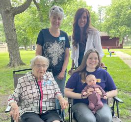 During a recent family picnic at Gullord Park, five generations of beautiful ladies sat down together. Great-grandma Julie Disch, top left, along with Grandma Hallie Jennings, top right. Seated are Great-great-grandma Betty Wilcoxon, left, and Mother Emma Wichser holding daughter Evelyn.