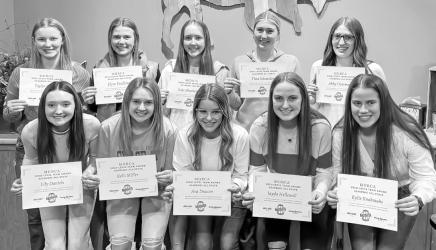 Team Academic All State Gold Level: Team GPA= 3.85 (L to R): Back - Taylor Larson, Elyse Paulzine, Kate Blankenship, Thea Schneider, Abby Overman; Front Lily Daniels, Kelli Miller, Ava Deacon, Jayda Hellewell, Kylie Knakmuhs.