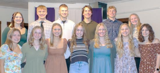 Seniors Back: Theran Mannon, Carson Engelkes, Andrew Holm, Torin Thunderhawk, Hudson Schryvers, Taylor Larson. Front: Sophia Nelson, Hailey Peschges, Elyse Paulzine, Ava Johnson, Erin Klein, Emmi Peltola and Courtney Gengler.