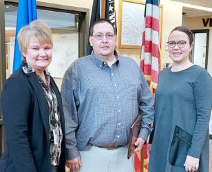 The Murray County Commissioners swore in the new County Assessor at Tuesdays meeting. Pictured here are County Court Administrator Sheila Pierson, Murray County Assessor Chad Benda, and Murray County Commissioner Molly Malone.