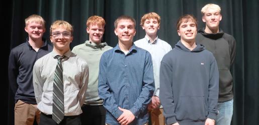 Seniors: Back, left to right, Eli Gillette, Cayden Veldhuisen, Max Miller, Wyatt Thompson; Front, Aubin Licht, Carter Hanson and Tayden Beerman. (not pictured: Aidan Swenson)