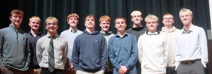 Letter Winners: Back, left to right, Eli Gillette, Max Miller, Cayden Veldhuisen, Wyatt Thompson, Krew Schneider; Front, Tristan Behrends, Aubin Licht, Tayden Beerman, Carter Hanson, Max Mathiason and Dugan Kluis. (not pictured: Aidan Swenson, Beckett Stelter, Alez Betz, Carly Gillette and Javier Lopez)