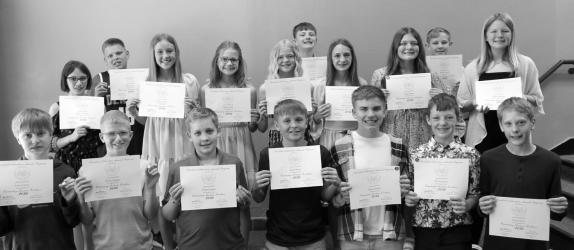 6th Grade Presidential Excellence- Front L to R: Carter Larson, Wesley Biegler, Zachary Haken, Henry Hause, Morgan Heezen, BR Heronimus and Garrett Joens. Back L to R: Addison Winters, Ethan Nelson, Hadley Harms, Charley Holm, Kyra Baumgartner, Cyril Zenk, Isabela Schreier, Paige Schuur, Parker Winter, and Danica Bergman. Not pictured: Van Prahm.