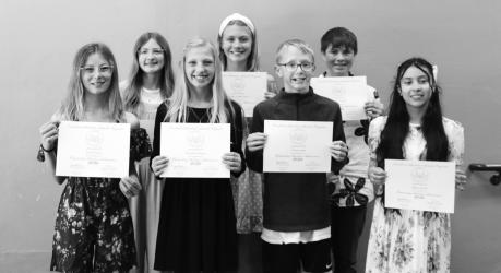 6th Grade Presidential Achievement- L to R: Kora Kremer, Emersyn Meyer, Kenadie Hodgson, Alayha VanderVeen, Colton Joens, Keegan Aamodt, and Khloe Galvez.