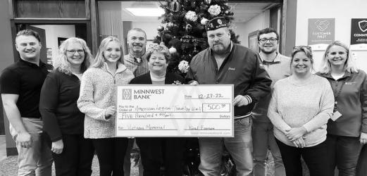 Slayton American Legion Family accepting $500 donation towards the Vietnam Traveling Wall from Minnwest Bank Slayton branch. Commander Brad Pagel, Auxiliary member Kim Konkol, Jr Auxiliary member Charity Kunselman. The Traveling Wall will be in Slayton August 15th through 20th 2023. For anyone that wishes to contribute to the fund for the Traveling Wall, donations can be dropped off or mailed to Minnwest Bank Slayton or First National Bank Slayton.