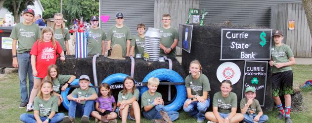 The Currie Poco-a-Poco club were the hay bale contest winners. Back: Wesley Hause, Brylei Schreier, Levi Kopperud, Lawton Verlinde, Nolan Verlinde, Frederick Plaetz. Front: Paige Wittrock, Isabela Schreier, Ainsley Pieske, Henry Plaetz, Lila Plaetz, Elysa Kopperud, Deacon Pieske, Lindsey Hause, Annika Kopperud, Asher Kopperud, Edwin Nepp.
