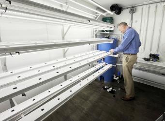 MCC Principal Jake Scandrett checks the water flow in a trough in the Grow Shed.