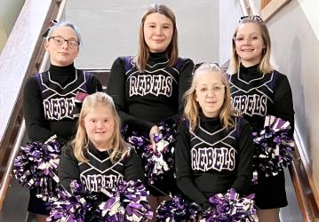MCC CHEERLEADERS JUNIOR VARSITY - (L to R): Front: Alaina Biegler, Carmen Brown; Back: Trinity Wildfeuer, Danny Huge, Kyla Grogan; Not Pictured: Milli Lindberg.