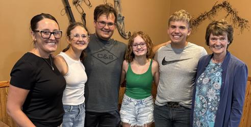 Accepting a grant award from Murray County Foundation presenter, Nancy Laible (right), are Murray County Central 2026 Fall Play “Newsies” recipients (L to R) Christina Walker, Caroline Stoel, Logan Stoel, Lilly Gertsema, and Morgan Heezen.