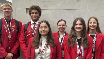 Pictured are the Fulda FCCLA Chapter members after receiving medals at the National Conference. L to R are: Cullen VanderBeek, Vincent Bray, Emma Nielsen, Zoe Nelson, Ruth Ethridge, and Brynlee Farris. Not pictured are Grace Sawadogo and Mara Clarke.