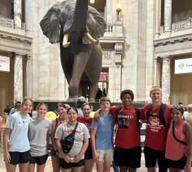 During the FCCLA National Conference, members of the Fulda chapter toured the Museum of Natural History. Pictured (L to R): Brynlee Farris, Mara Clarke, Ruth Ethridge, Emma Nielsen, Zoe Nelson, Oliver (a member of the Kasson-Mantorville FCCLA Chapter), Vincent Bray, Cullen VanderBeek, and Grace Sawadogo.
