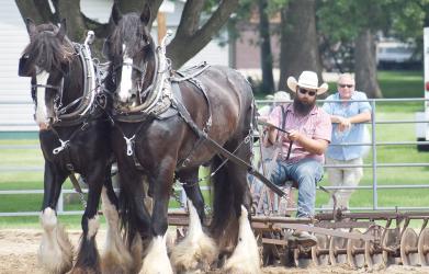 The Murray County Draft Horse Association paid tribute to Ryon Bohl at the Murray County Classic. Ryon was an avid draft horseman, who passed away on July 15, 2023. Pictured here are family members making a lap around the ring in his honor.
