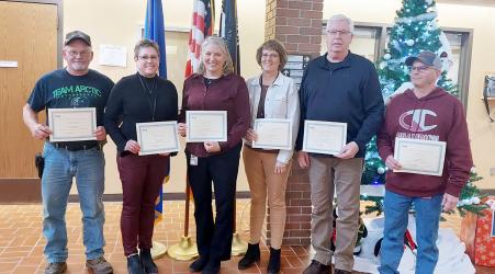 Murray County Commissioners recognized the years of service for employees. Tim Kunselman 5 years, Mary Ellen Moline 30 years, Jean Christoffels 25 years, Lisa Carlson 15 years, Randy Groves 30 years, Curt Like 30 years. Not Pictured: Luke Isder 15 years and Travis Radke 5 years.