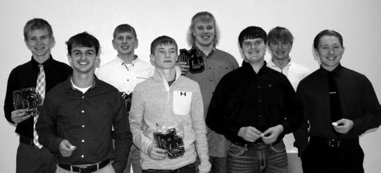 First Year Letter Winners (L to R): Front - Tanner Graphenteen, Wyatt Loosbrock, Colby Kesteloot, Thomas Huso; Back - Andrew Holm, Hudson Schryvers, Broox Platt, Carson Engelkes.