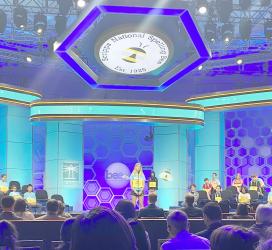 Holland Vogel spells a word during the Scripps National Spelling Bee.