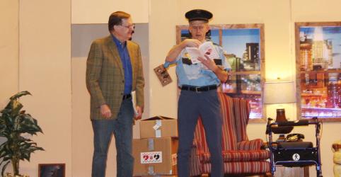 Pictured (L to R) are Dan Uttech and Matthew Saxman who portray a concerned landlord and a very kind police officer in the Fulda Community Players production of “Nana’s Naughty Nickers”.