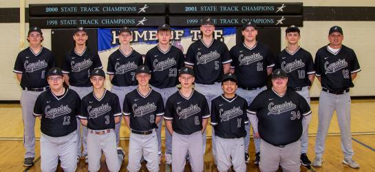 HLO-F Varsity Baseball Team: Front row, L to R: Logan Cristle, Johnny Bass, Colten Erdmann, Colton Rierson, Edson Tena, Jake Zuehlke. Back row: Nathan Madsen, Brenton Erdmann, Blake Holden, Cooper Fest, Gavin Bell, Cameron Brunk, Kenny Holtzer, Coach Lucas Knutson.