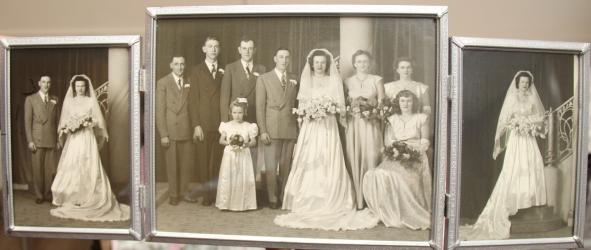 Arlene Duerr and Everett Oolman were married at St. Paul,’s Lutheran Church on November 28, 1948. Pictured L to R are Russell Oolman, Norman Duerr, Kenneth Duerr, groom Everett Oolman, bride Arlene Duerr, Jo Oolman, Mayphine Oolman Hinesley, and Babe Oolman. The flower girl was Delores Duerr.