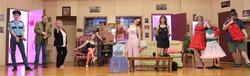 Nana’s Naught Knickers cast, left to right, Officer Tom O’Grady (Matthew Saxman), Mr. Gil Schmidt (Dan Uttech), Clair Schmidt (Ann Witzel), Heather Van Pree (Ranissa Beerman), UPS Man (Brandon Thiner), Bridget Charles (Eden Bengtson-Carney), Sylvia Charles (Beth Kramer), Vera Walters (Heidi Appel), Voice (Alex Carney)