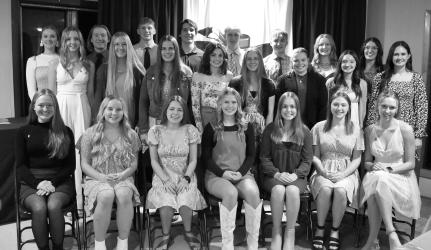 All Honor Society Members. Front: Lauren Larson, Emmi Peltola, Sophia Nelson, Elyse Paulzine, Ava Johnson, Theran Mannon, and Lindsey Hause. Middle: Charity Kunselman, Erin Klein, Kylie Knakmuhs, Courtney Gengler, Hailey Peschges, Grace Buesing, Lily Daniels, and Lauren Stoel. Back: Amber Martin, Thomas Huso, Hudson Schryvers, Torin ThunderHawk, Andrew Holm, Carson Engelkes, Taylor Larson and Abby Overman. Not Pictured: Jayda Hellewell.