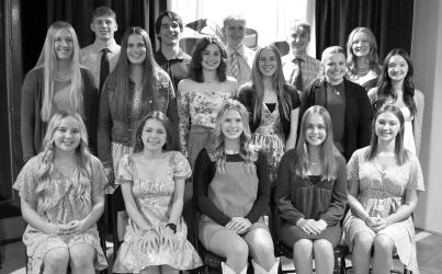 First Year Members. Front: Emmi Peltola, Sophia Nelson, Elyse Paulzine, Ava Johnson, Theran Mannon. Middle: Erin Klein, Kylie Knakmuhs, Courtney Gengler, Hailey Peschges, Grace Buesing, and Lily Daniels. Back: Hudson Schryvers, Torin ThunderHawk, Andrew Holm, Carson Engelkes, and Taylor Larson.