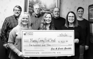 Investor’s Choice recently donated $500 to the Murray Lodge #199 in support of their annual food drive. All funds collected during this time will stay local in the Fulda and Slayton Food Shelves. Pictured here are Jim Goedtke, Carla Goedtke, Tim Lange, Zoey Logan, Bob Koehler, Sally Boelter and Katie Furth.