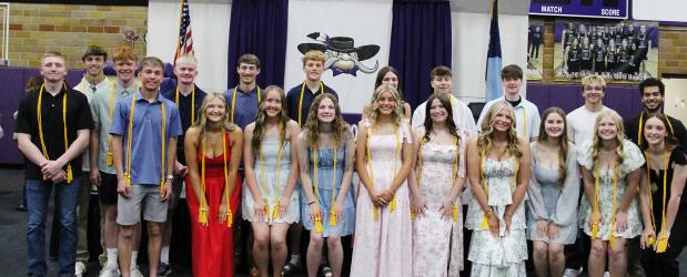 MCC Academic Letter Recipients (L to R) - Back: Lucas Kuball, Cayden Veldhuisen, Eli Gillette, Teague Meyer, Maxwell Miller, Allie Paulzine, Noah Mathiowetz, Walker Biren, Aubin Licht, Gabriel Gleis, Front: Quintin Lewis, Carter Hanson, Lilly Kleven, Kaitlyn Blankenship, Lila Scandrett, Ava Deacon, Kennedy Burch, Ava Reemtsma, Eloise Steiner, Rachael Huso, Elizabeth Daniels