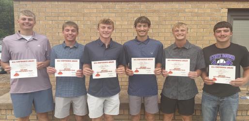 All-Conference Awards (L to R): Krew Schneider (All-Conference), Carter Hanson (Honorable Mention), Tristan Behrends (All-Conference), Teague Meyer (All-Conference), Dugan Kluis (All-Conference), Carson Lewis (All-Conference).