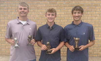 Stat Awards (L to R): Krew Schneider (Mr. Clutch and Cy Young), Tristan Behrends (Batting Champion), Teague Meyer (Mr. Theft) “Most Stolen Bases.”