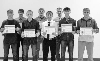 All Academic Team: (3.7 GPA or higher) L-R: Noah Mathiowetz, Teague Meyer, Quintin Lewis, Hudson Schryvers, Carter Hanson, Andrew Holm, Lucas Kuball and Carson Engelkes.