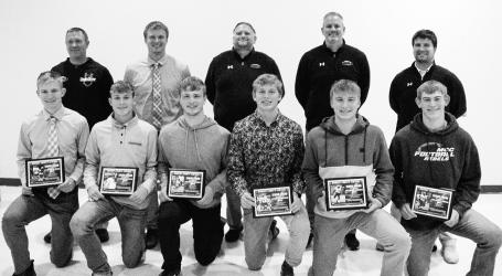 Seniors &amp; Coaches: Front: L-R: Andrew Holm, Gavin Gillette, Isaiah Wolske, Hudson Schryvers, Carson Engelkes, Griffin Braun. Back L-R: Jason Holm, Patrick Freeman, Mike Reemtsma, Tim Bobeldyk, Lucas Freeman (Not Pictured: Tim Cariveau; Brian Christensen).