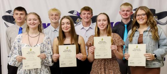 New Inductees: Front Row - Alexandra Schuur, Royalle Siedschlag, Mikayla Reith, Erica Doeden. Back Row - Wesley Hause, Dugan Kluis, Tristan Behrends, Eli Gillette