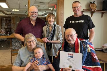 Submitted photo: Pictured above is Army Veteran, Corporal Alvin Heintz, Fulda, as he received a Quilt of Valor. Front: Arlene Heintz, Carver Creech, Alvin Heintz. Back: Jim &amp; Lois Creech, Loren Heintz.