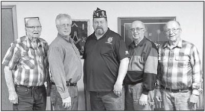 Slayton American Legion Post 64 Commander Brad Pagel accepting $500 donation from Murray Lodge 199 toward the Vietnam Wall and Cost of Freedom displays coming to Slayton during the Murray County Fair Aug 15-20 2023. Left to right Don Gass, Tim Lange, Brad Pagel, Leon Kruse, Warren Hanson.