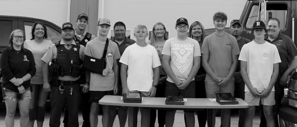 L to R: Tracy Ambulance Amber West, Lake Shetek Area First Responder Stacy Wendorff, Sheriff Deputy Tommy Lee, Sheriff Deputy Jarrod Larson, Caleb Rosenbrook, Currie Fire Department Mike Schreier, Weston Kruger, Tracy Ambulance Krista Loftness, Logan Mihin, Lake Shetek Area First Responder Jamey Johnson, Dawson Schreier, Tracy Ambulance Joe DeSchepper, Gabe Tentinger, Currie Fire Department Luke Radke. Not Pictured: Tracy Ambulance Charlie DeSchepper, Dale Johnson, and Tristan Larson