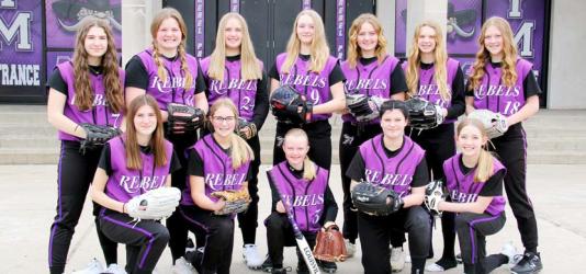 Softball Front (L to R): Addy Dierks, Braelyn Haken, Kinsley Guza, Audrey Miller, Jaelynn Kline; Back (L to R): Danyel Neilson, Natalie Einck, Charlie Paulzine, Alex Schuur, Hayden Miller, Kat Miller, Joelle Hellewell.