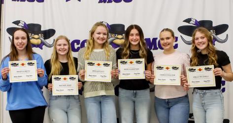 First Year Letterwinners L - R; Mikayla Reith, Rachael Huso, Brielle Plotz, Reese Gilbertson, Charlie Paulzine, Joelle Hellewell