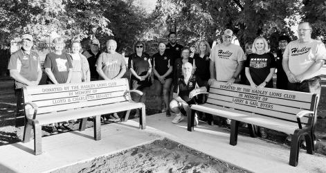 Hadley Lions installed 2 benches near the playground in Hadley park. These are dedicated in memory of longtime Lions members Lloyd &amp; Charletta Bennett and Larry &amp; Gail Byers. Pictured with Hadley Lions Members are the Byers Family - Eric Dahlgren, Sarah Dahlgren and Brian Byers and the Bennett Family - Della Bennett &amp; Myron Bennett.