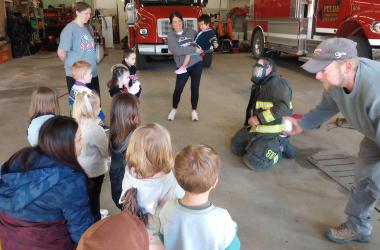 Fulda Elementary School 3-year-old preschool students had the experience of a first visit to the Fulda Fire Hall on Friday, October 9th. They learned many things from their visit, but most important was how a firefighter looks when they are dressed in full gear. They also learned about what smoke detectors are and how loud they can be.