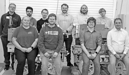 Members of the Space Trajectory 2023-24 team assemble around the rovers built for this summer’s contest, which advanced SDSU to the finals of a NASA contest. Pictured, front row, from left, are Allea Klauenberg, Andrew Clark, Rylan Lipetzky and adviser Todd Letcher. Back row, Tjaden Wright, John Christianson, Nick Sieler, Cameron Jensen, Leif Bredeson and Carter Waggoner. Not pictured are Austin Lohsandt, Nesrin Al Zawad and Maverick Beckmann.