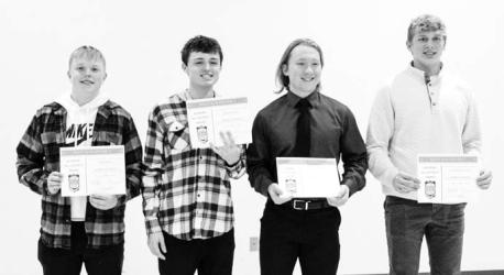 Academic Awards: Drew Wajer, Anikan Larson, Thomas Huso, Hudson Schryvers. Not Pictured: Andrew Holm, Carson Engelkes. All District Team Award: Quinten Lewis, Colby Kesteloot, Ross Engelkes, Thomas Huso, Teague Meyer, Aidan Dierks. All District Team Honorable Mention: Quinten Lewis, Aidan Dierks.